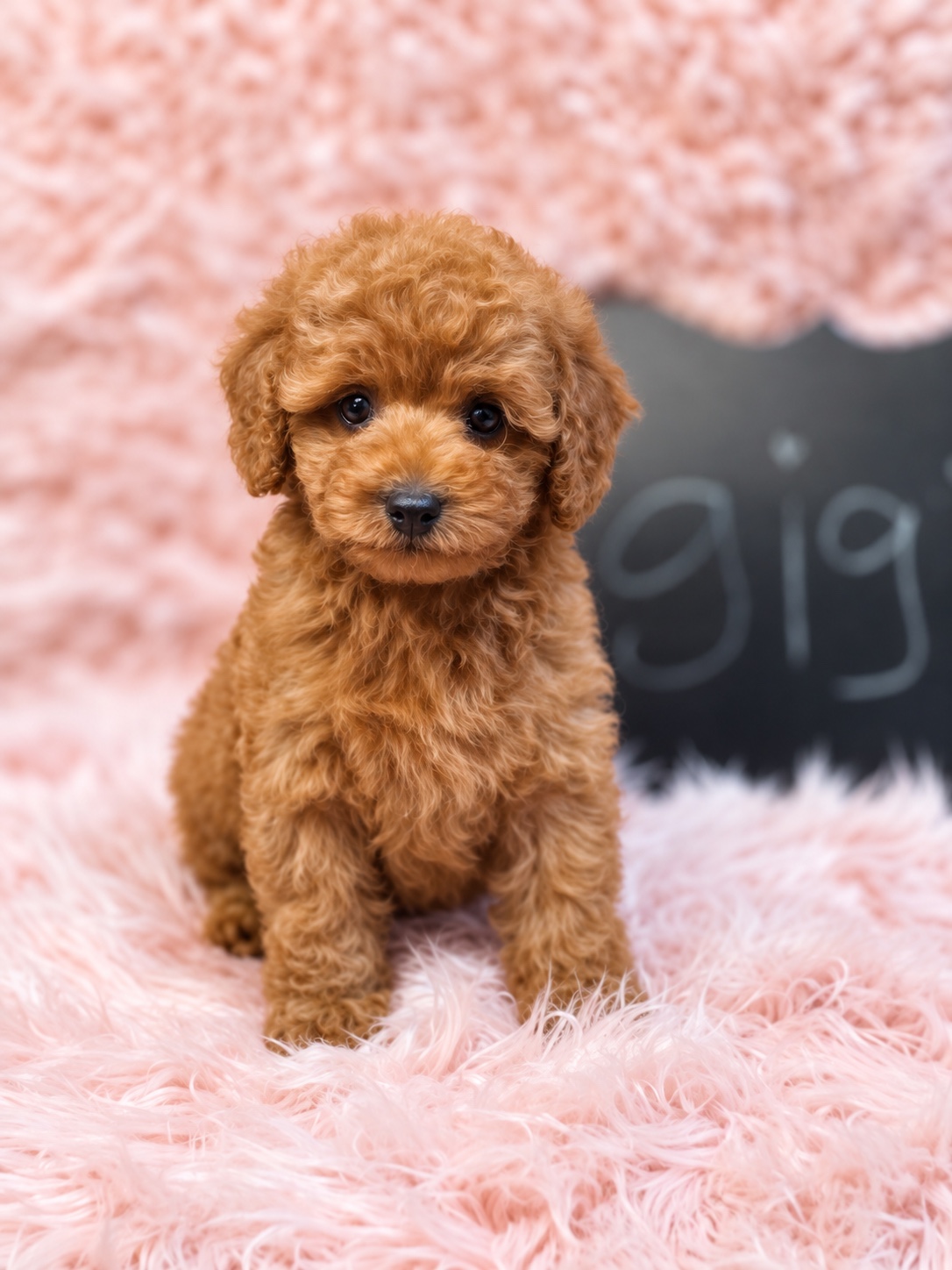 Gigi the Toy Poodle sitting on a pink blanket